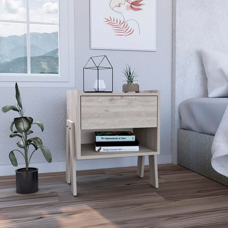 Nightstand , End Table, Side Table Four Legs, One Open Shelf, One Drawer -Light Gray