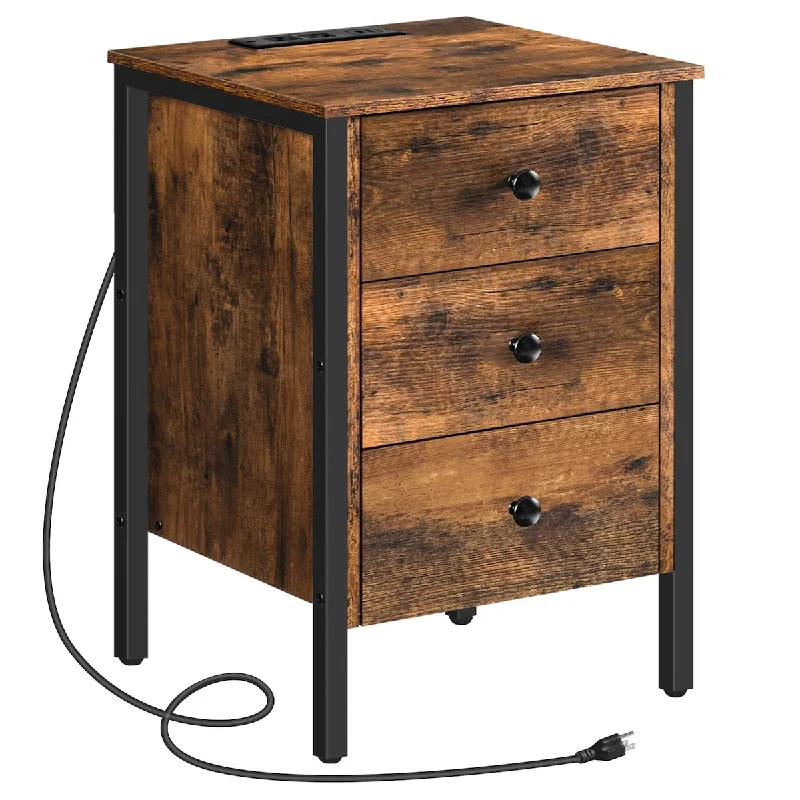 Nightstand, End Table with Charging Station and USB Ports, Side Table with 3 Drawers and Storage Shelf, Retro Industrial