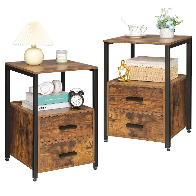 Nightstand Set of 2, Industrial End Table with 2 Drawers & Open Shlef, Side Table with Sturdy Black Metal Frame,