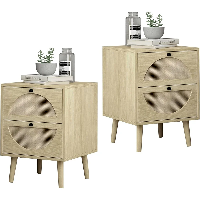 Nightstand Set of 2 with Rattan Storage Drawers, End Table Side Table Wooden