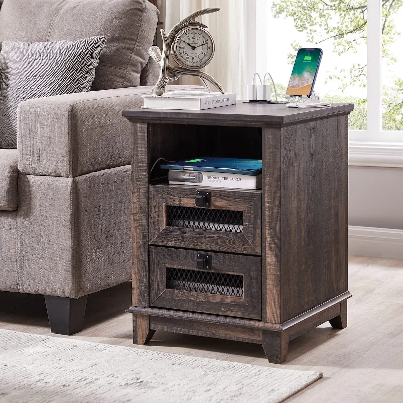 Nightstand with Charging Station, 18'' Industrial & Farmhouse End Table with 2 Drawers & Open Cubby