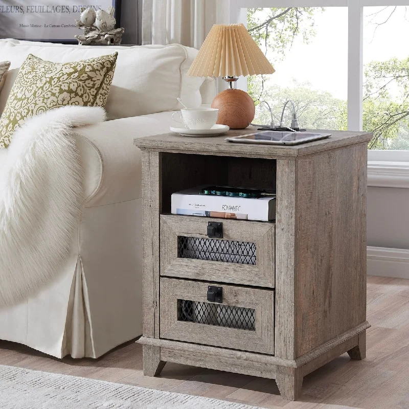 Nightstand with Charging Station, 18'' Industrial & Farmhouse End Table with 2 Drawers & Open Cubby,