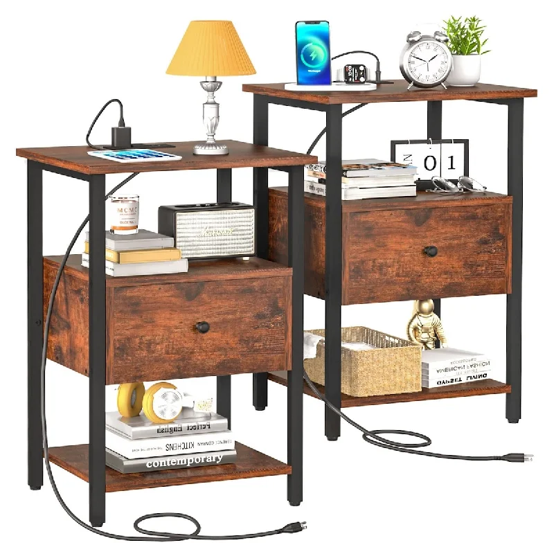 Nightstand with Charging Station, 3-Tier Side Table End Table with USB Ports, End Tables Living Room Set of 2