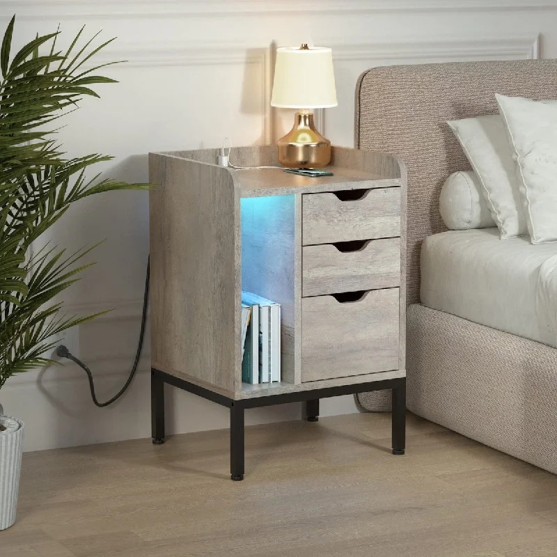 Nightstand with Charging Station and LED Lights, Gray Night Stand with Outlets Modern Design End Table with 3 Drawers