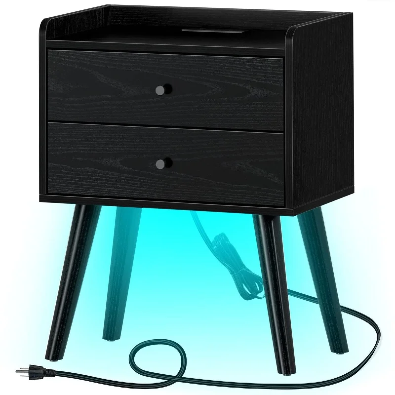 Nightstand with Charging Station and LED Lights, Mid Century Modern End Table with 2 Sliding Drawers for Living Room