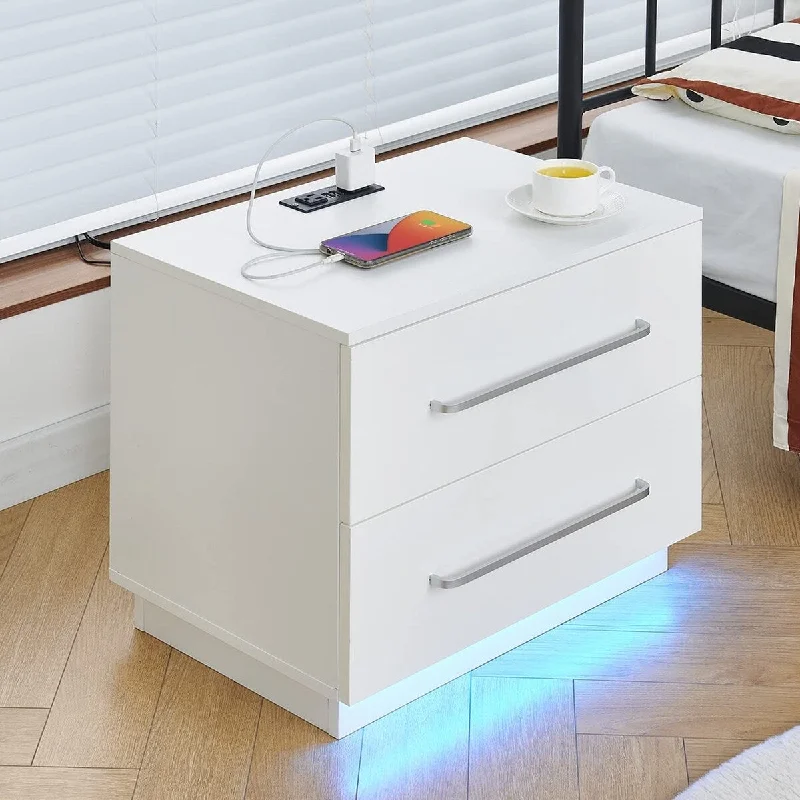 Nightstand with Charging Station LED High Gloss Side Table End Table with Storage Drawer Handle Smooth Slide Rail White Modern