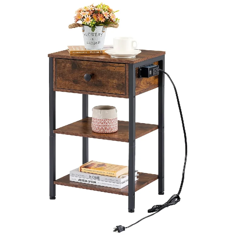 Nightstand with Charging Station, Night Stand with Drawers and Open Storage Shelf, End Table with USB Ports and Outlets,