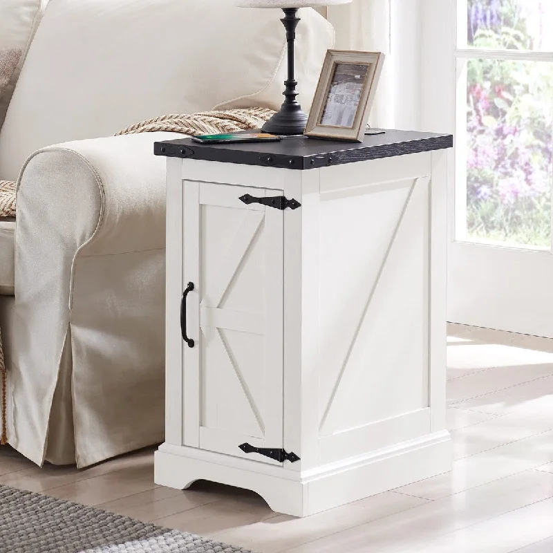 Nightstand with Charging Station, Rectangular Farmhouse End Table with Barn Door and Adjustable Storage Shelf,