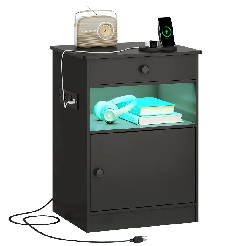 Nightstand with LED Light and Charging Station, Modern End Table with Drawer and Storage Cabinet, Accent Side Table