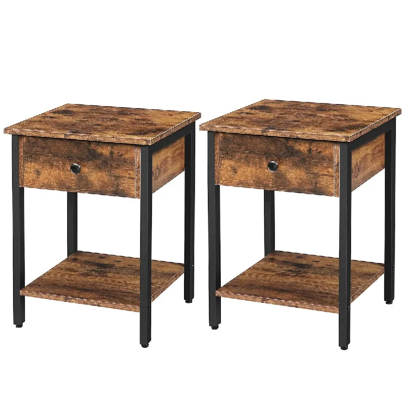 Nightstands Set of 2, 2-Tier End Table, Industrial Side Table with Drawer and Storage Shelf, Wood Accent Table with Metal Frame