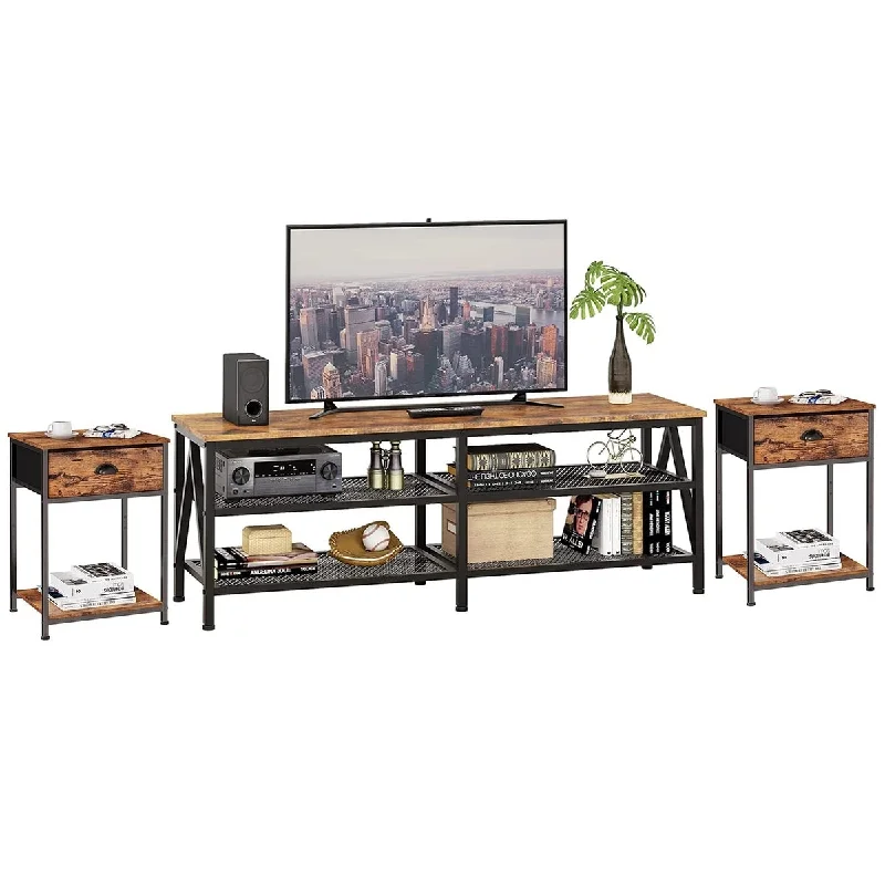 Nightstands Set of 2, Industrial End Table with Fabric Drawer, TV Stand for 60 65 inch TV, Long 55" Entertainment Center