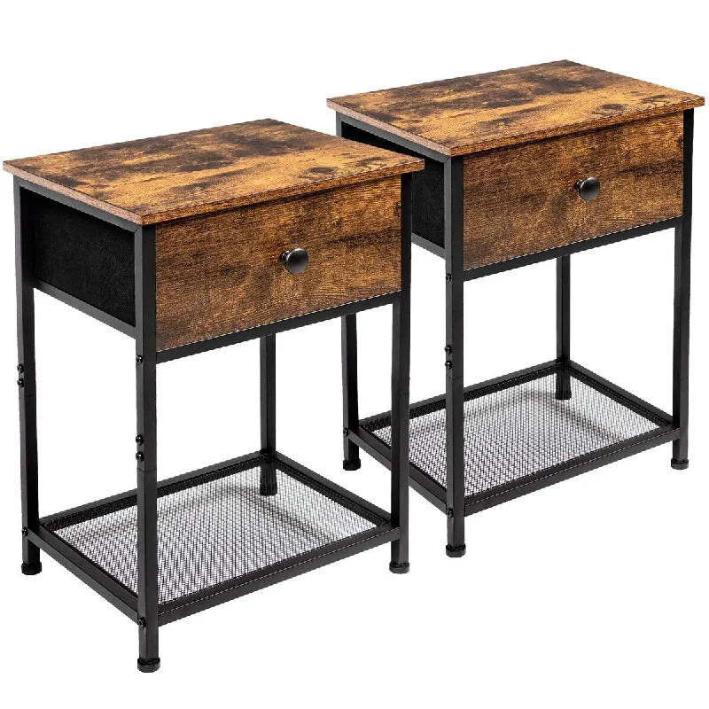 Nightstands Set of 2, Small End Tables Living Room with Drawer, Industrial Slim Side Tables with Storage Shelf