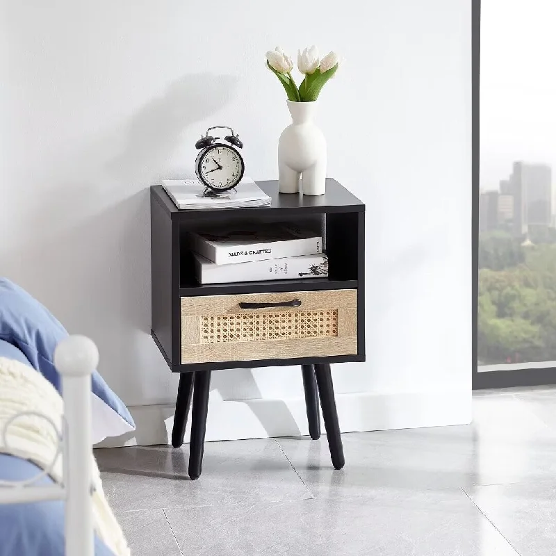 Rattan End table with drawer and solid wood legs,Modern nightstand