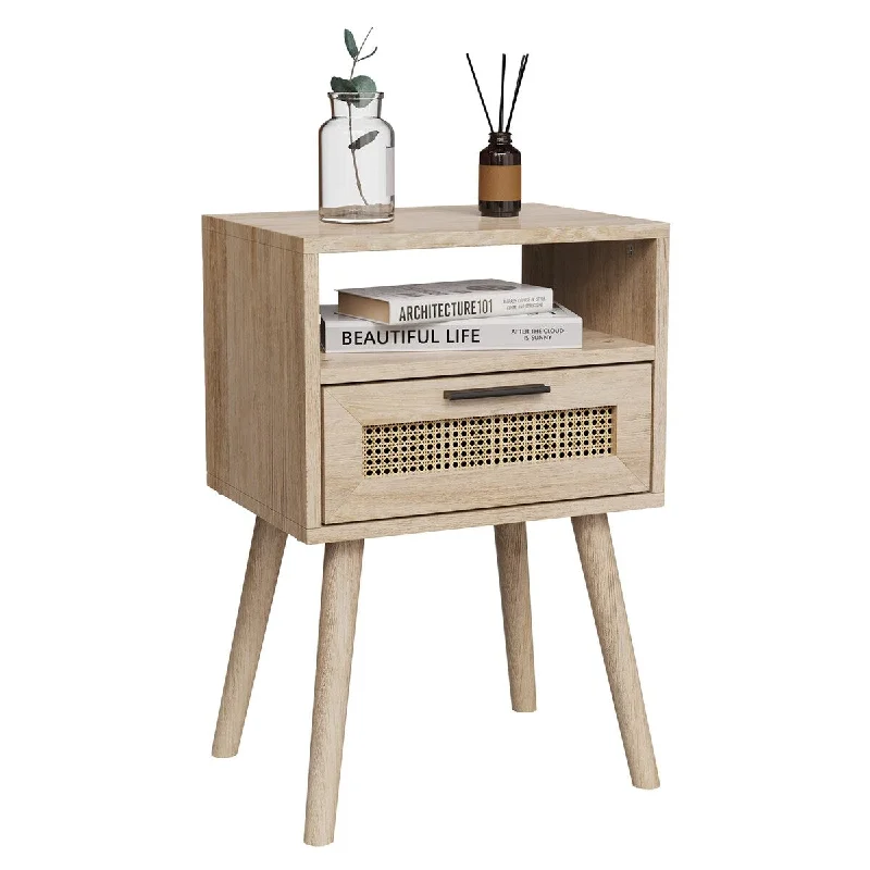 Rattan Nightstand, Boho Nightstand with Drawer, End Table with Open Storage, Modern Side Table with Solid Wood Feet