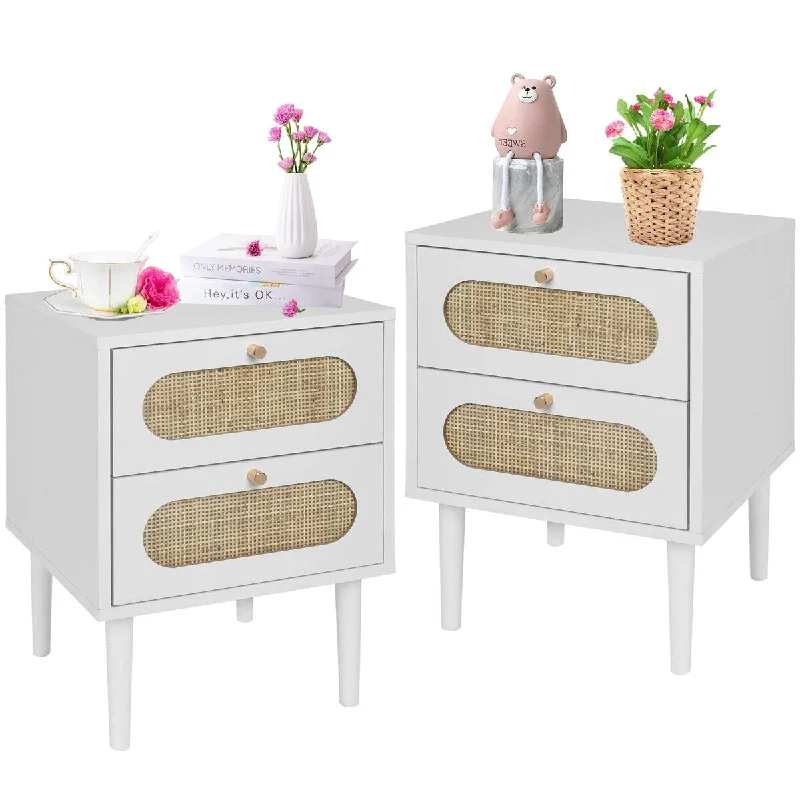 Rattan Nightstand, End Table, Side Table with 2 Hand Made Rattan Decorated Drawers, Wood Accent Table with Storage