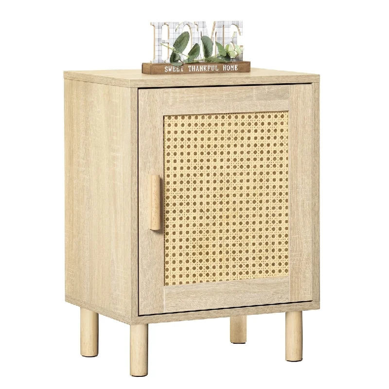 Rattan Nightstand, Rattan Cabinet, Nightstand with Rattan Decorated Door and Solid Wood Legs, End Table with Storage