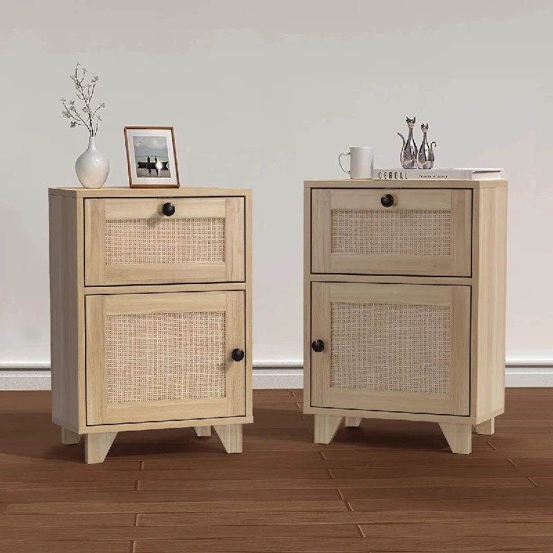 Rattan Nightstand Set of 2 With Drawers,Boho End Table with Handmade Rattan Decorated Drawer and Door,Wood Accent Table