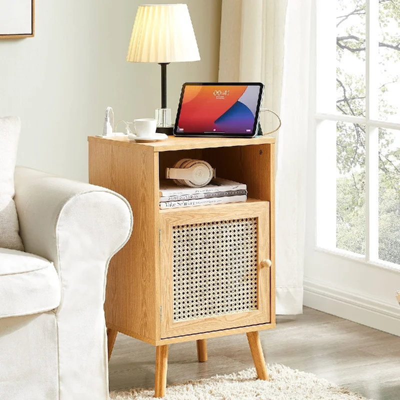 Rattan Nightstand with Charging Station, Boho End Table with Handmade Rattan Decorated Door, Mid-Century Side Table