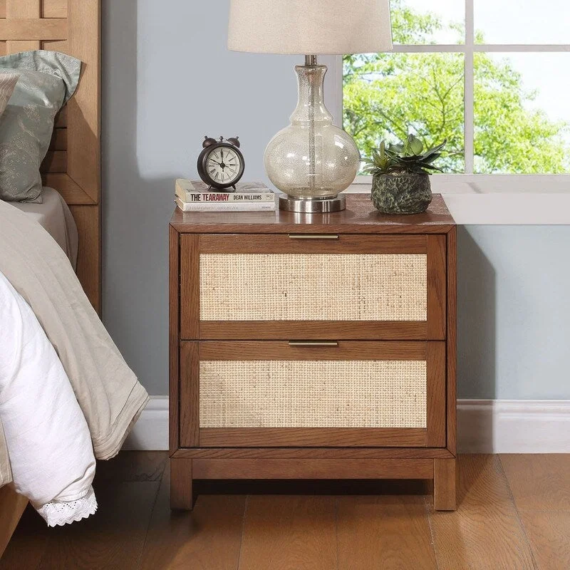 Rattan Nightstand, Wood End Table, Side Table with 2 Hand Made Rattan Decorated Drawers,Wood Accent Table with Storage