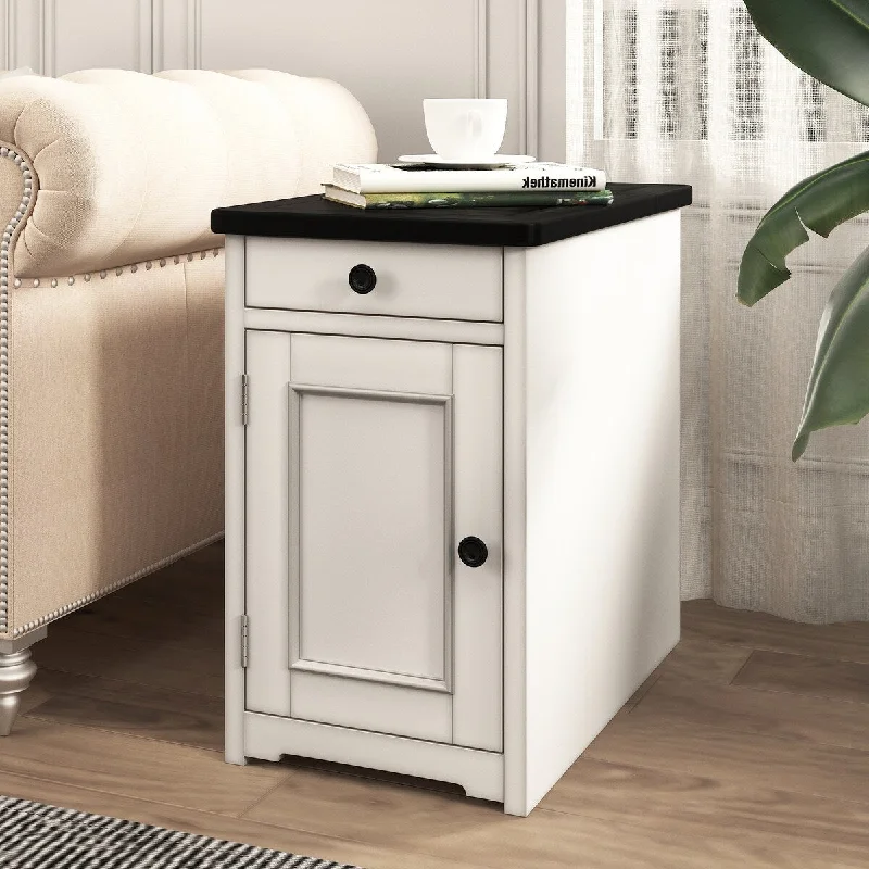 Retro Stylish Nightstand, Two-tone Classic Vintage Livingroom End Table Side Table with USB Ports Drawer,Antique Gray