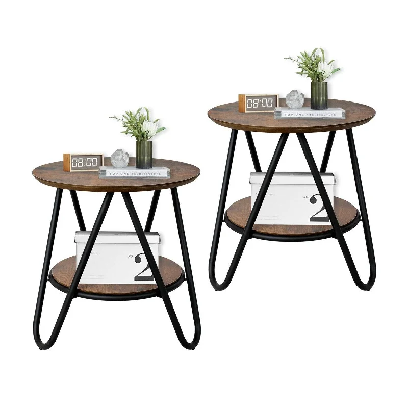 Round End Tables Living Room Set of 2, Small Round Side Table, Rustic End Table with Storage Shelf, 2 Tier Circle Side Table