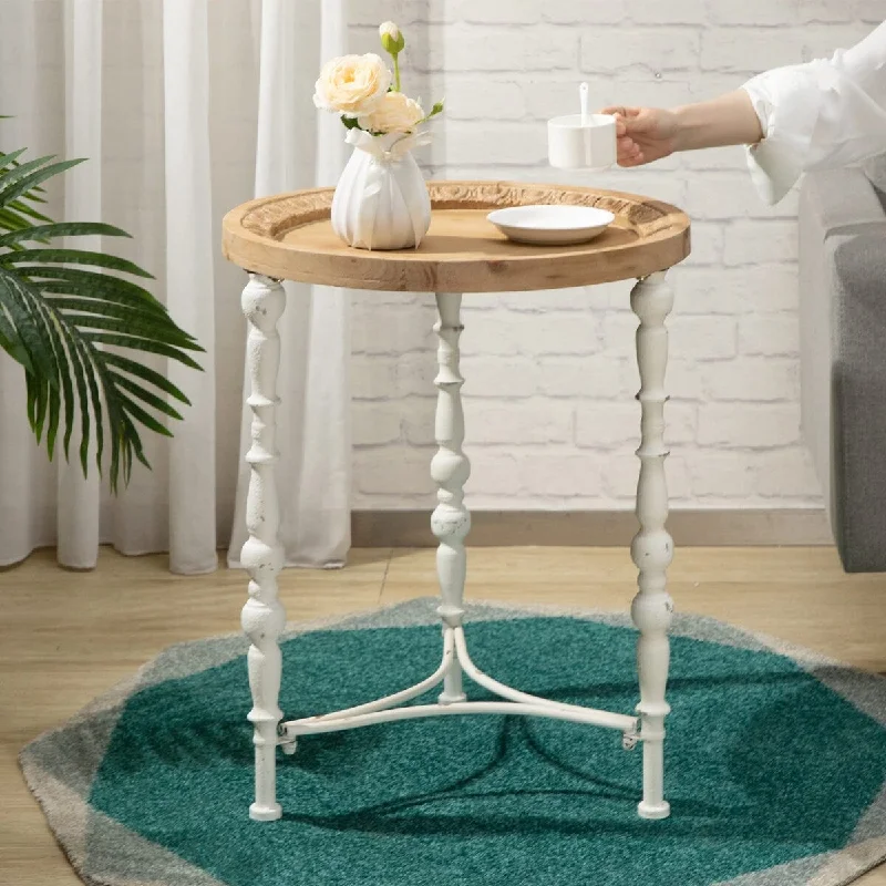 Round Retro Wooden End Side Table with Metal Frame, 21.65"(D) x24.02(H), Accent Roman Style Coffee Side Table