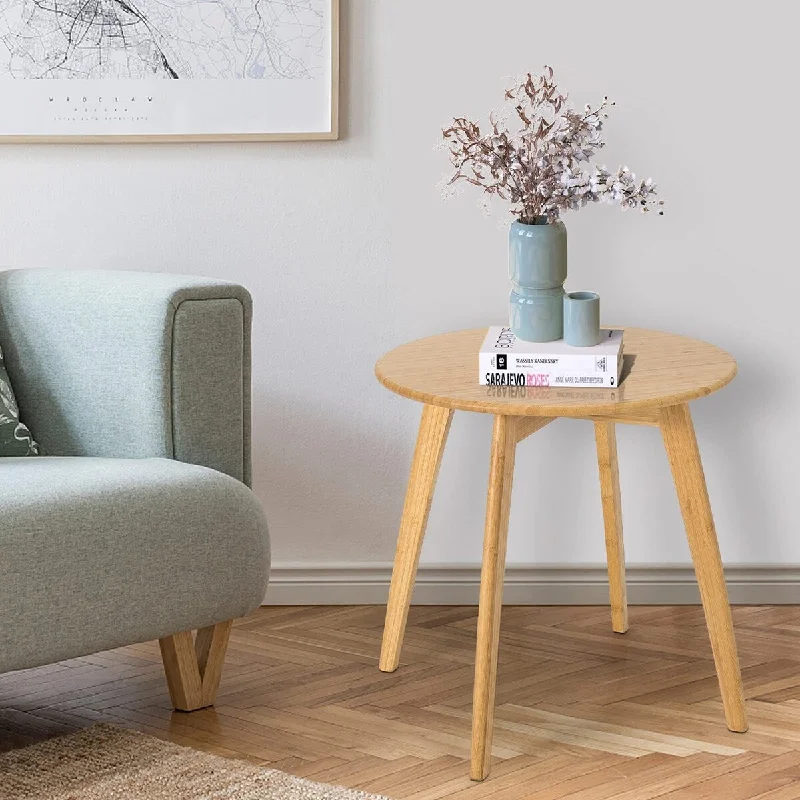 Round Side Table, Bamboo End Table w/ 4 Splayed Legs, Accent Table Nightstand, Small Coffee Table Snack Table