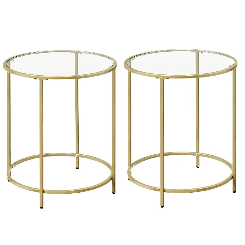 Round Side Table Set of 2, Glass End Table with Metal Frame, Gold Coffee Table with Modern Style for Living Room,