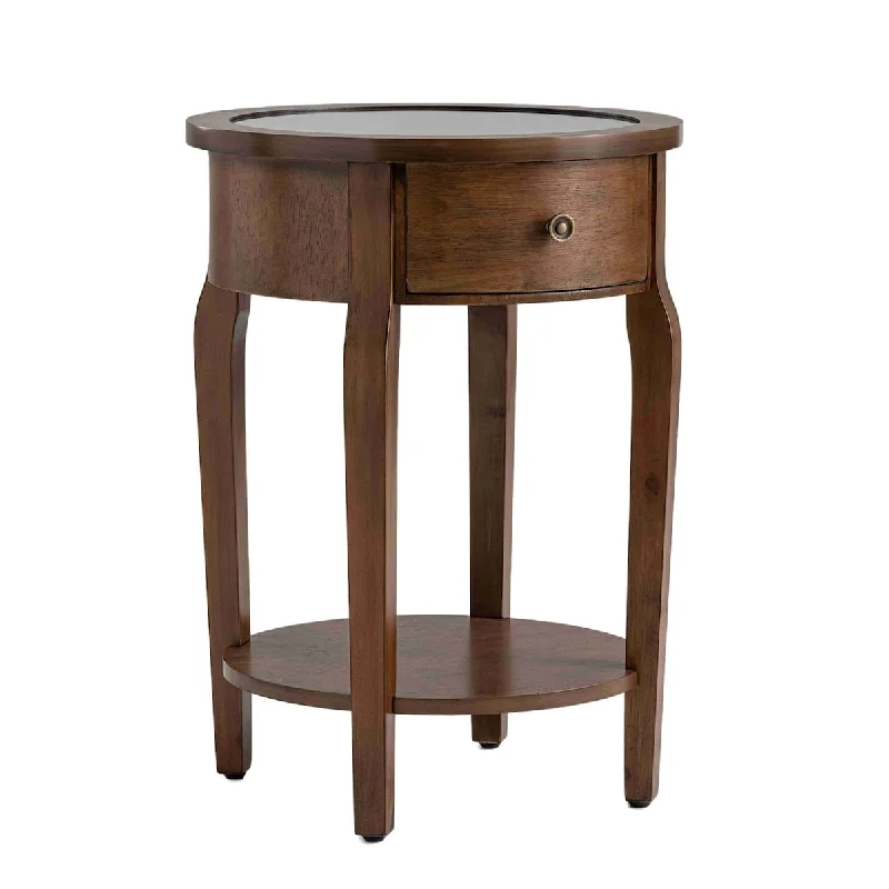 Round Side Table w Drawer, Round Wooden Accent Table Wood End Table Living Room, 18" Wood Nightstand w Mirrored Tabletop