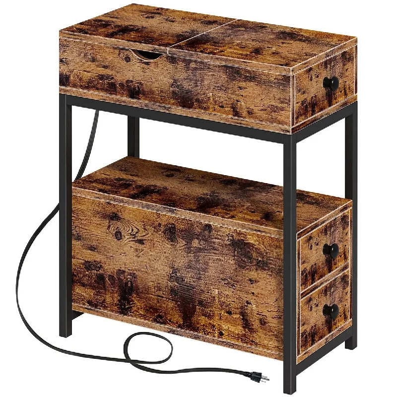 Rustic Brown Narrow End Table with Charging Station, Small Side Table with 3 Drawers for Small Spaces, Skinny Nightstand