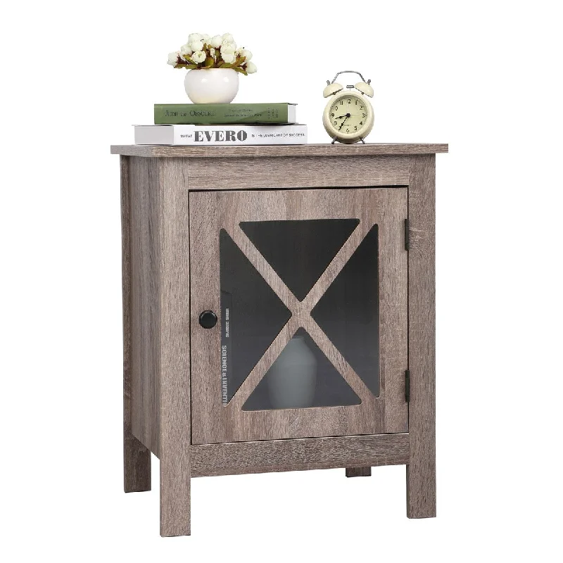 Rustic Nightstand End Table with X-Design Glass Door, Rustic Brown