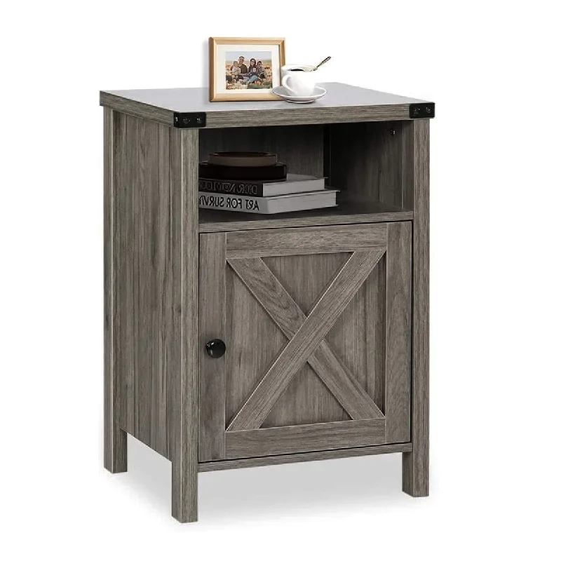 Rustic Nightstand, Farmhouse End Table with Storage, Industrial Side Table with Shelf and Barn Door, Rustic Nightstand