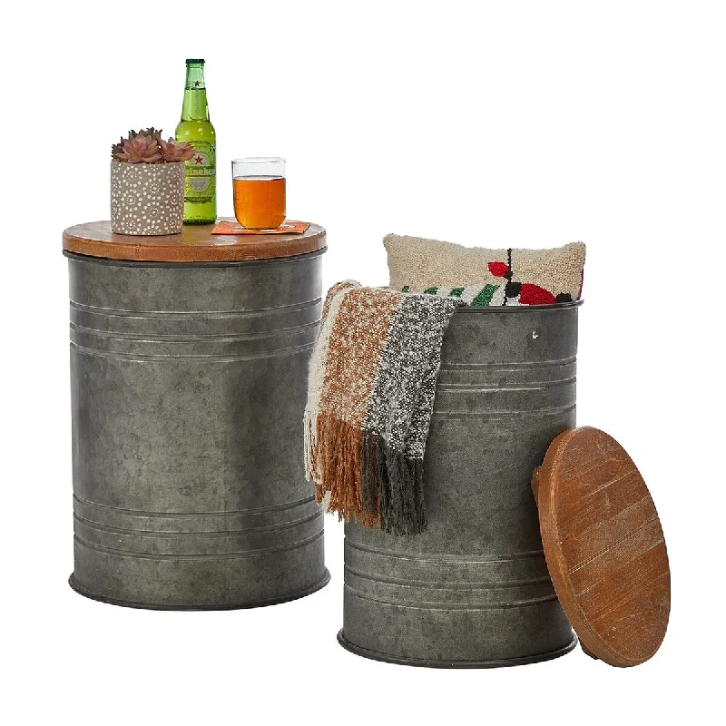 Rustic Storage Ottoman Seat Stool, Farmhouse Nesting End Table, Galvanized Barrel Metal Accent Side Table Toy Box Bin