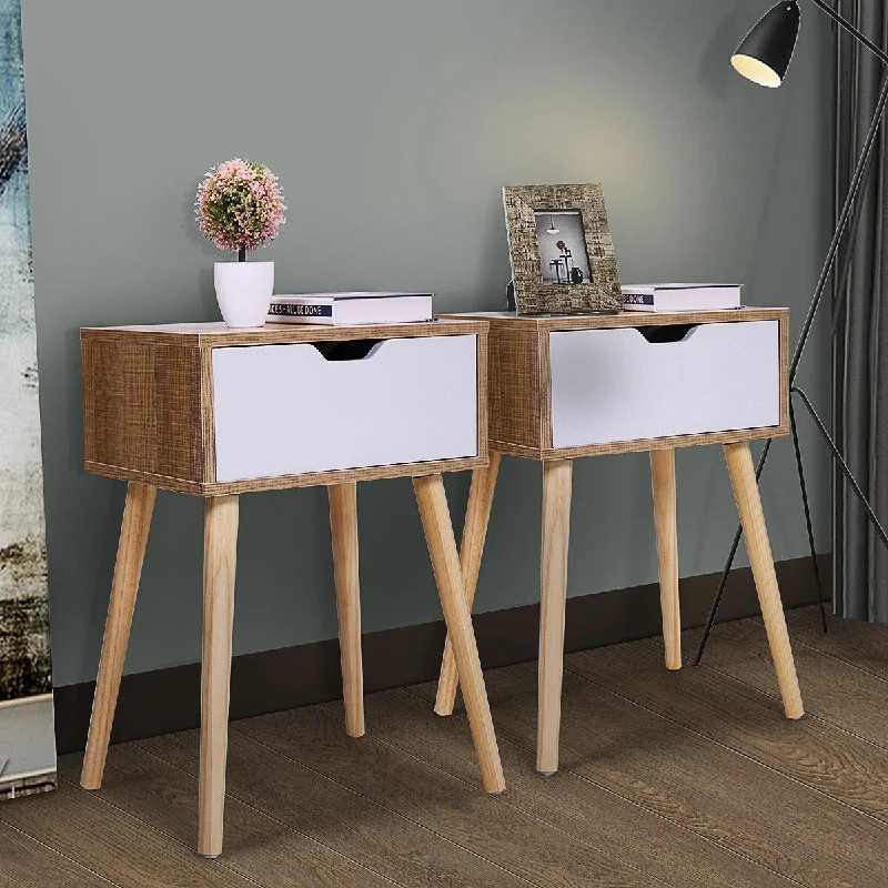 Set of 2 Nightstand, Modern End Table with Drawer, Wooden Side Table , Natural