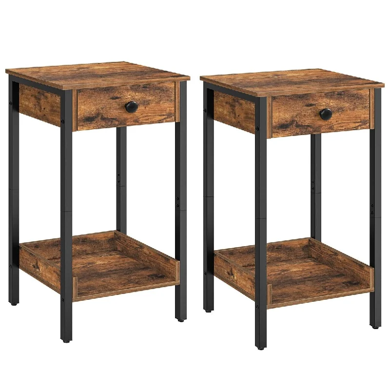 Set of 2 Nightstands, End Table, Tall Nightstand with Drawer and Storage Shelf, Industrial End Telephone Table, for Study