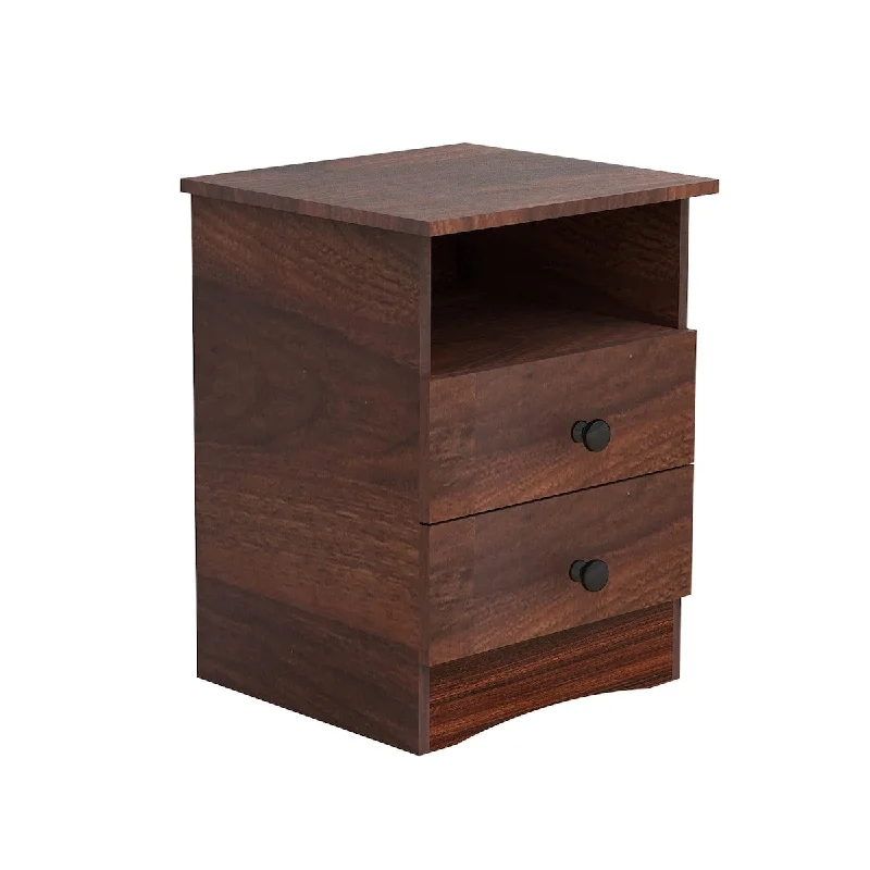 Side Table, Nightstand with Storage Drawers and Open Shelf, 2 Drawers End Table with Sturdy Base, Farmhouse Wood