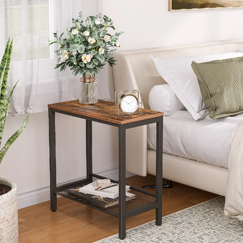 Side Table, Set of 2 Narrow Nightstands, Industrial End Table with Flat or Slant Adjustable Mesh Shelf for Small Spaces