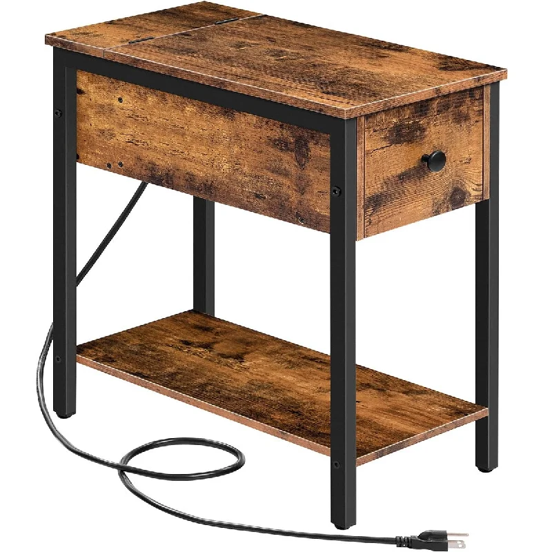 Side Table with Charging Station, Narrow Nightstand with Drawer & USB Ports & Power Outlets, End Table for Small Spaces