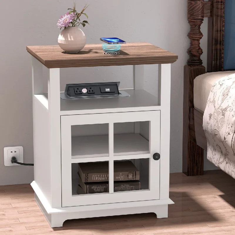 Side Table with Charging Station, Nightstand with Wireless Charging Station, White 22" Retro End Table with Adjustable Storage