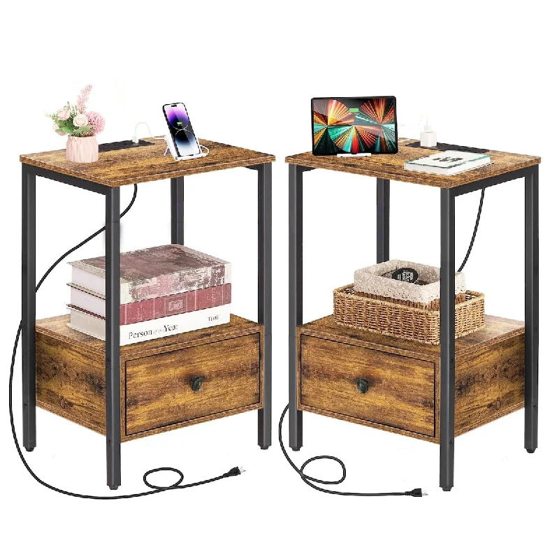 Side Table with Charging Station, Set of 2 Nightstand with USB Ports & Power Outlets,Narrow End Table with Drawer