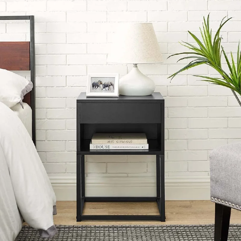 Simple End Table with Drawer and Shelf for Any Room,Nightstand,Metal Leg Design (Black)