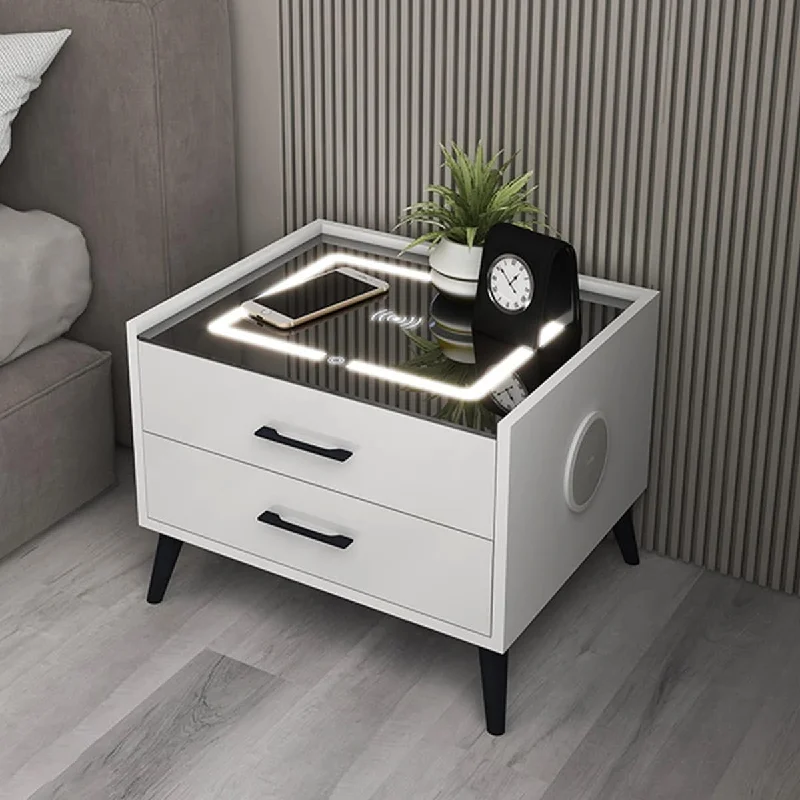 Smart Nightstand, White End Table with Charging Station Wireless and LED Lights, Bluetooth Speaker Side Table, Modern Small