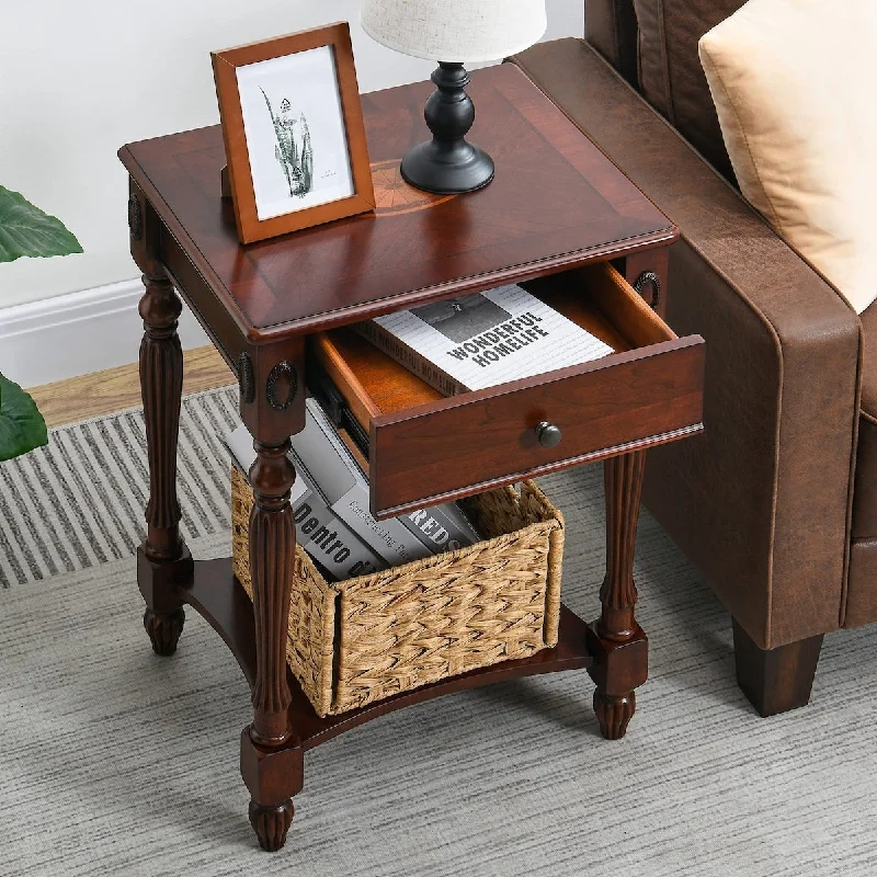 Solid Wood Side Table with Drawer and Storage Shelf, Traditional End Table, Narrow Telephone Nightstand