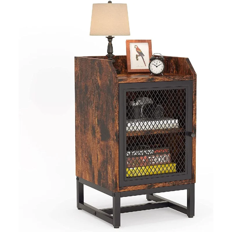 Tall Nightstand with Cabinet, Industrial Side End Table with 2 Tier Storage Shelf