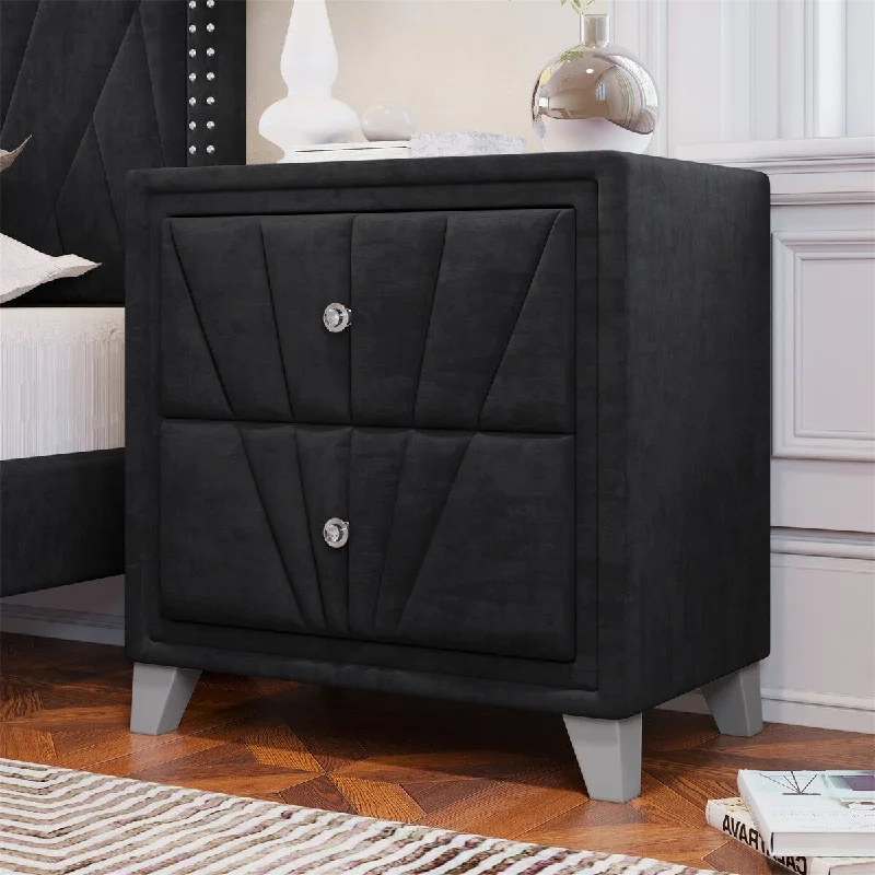 Velvet Upholstered Nightstand End table Drawers Gray Solid Wood Black