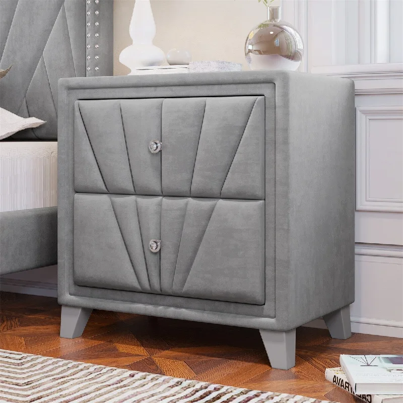 Velvet Upholstered Nightstand End table Drawers Gray Solid Wood Gray