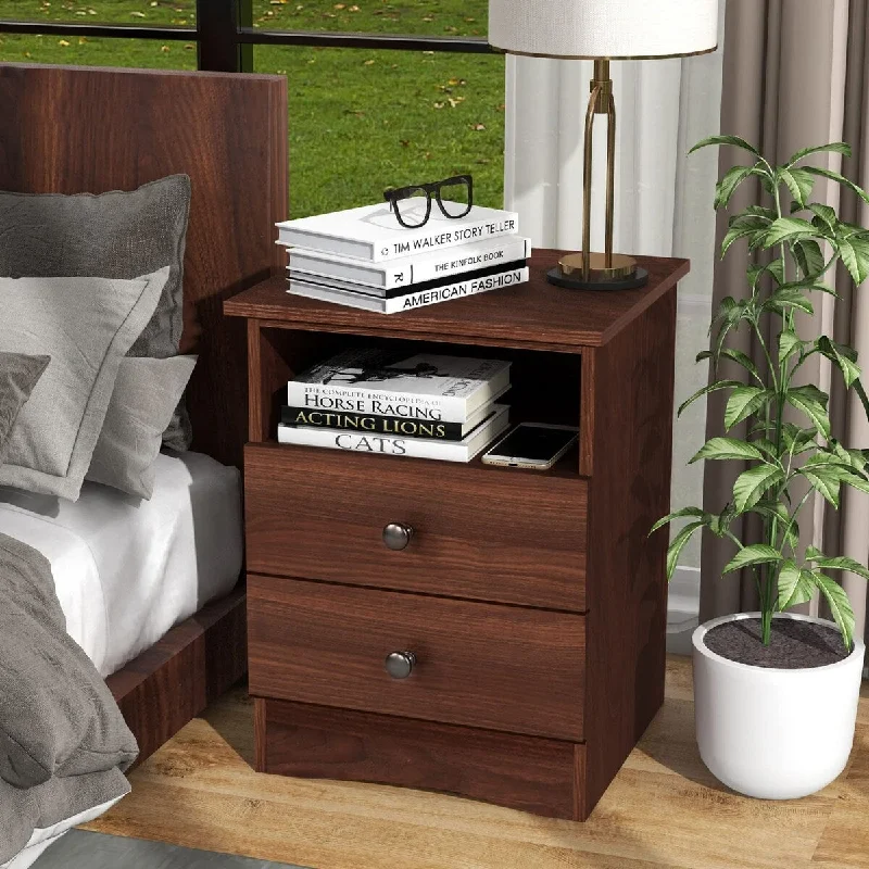 Walnut Nightstand with Storage Drawers and Open Shelf, 2 Drawers End Table with Sturdy Base, Farmhouse Wood Nightstand