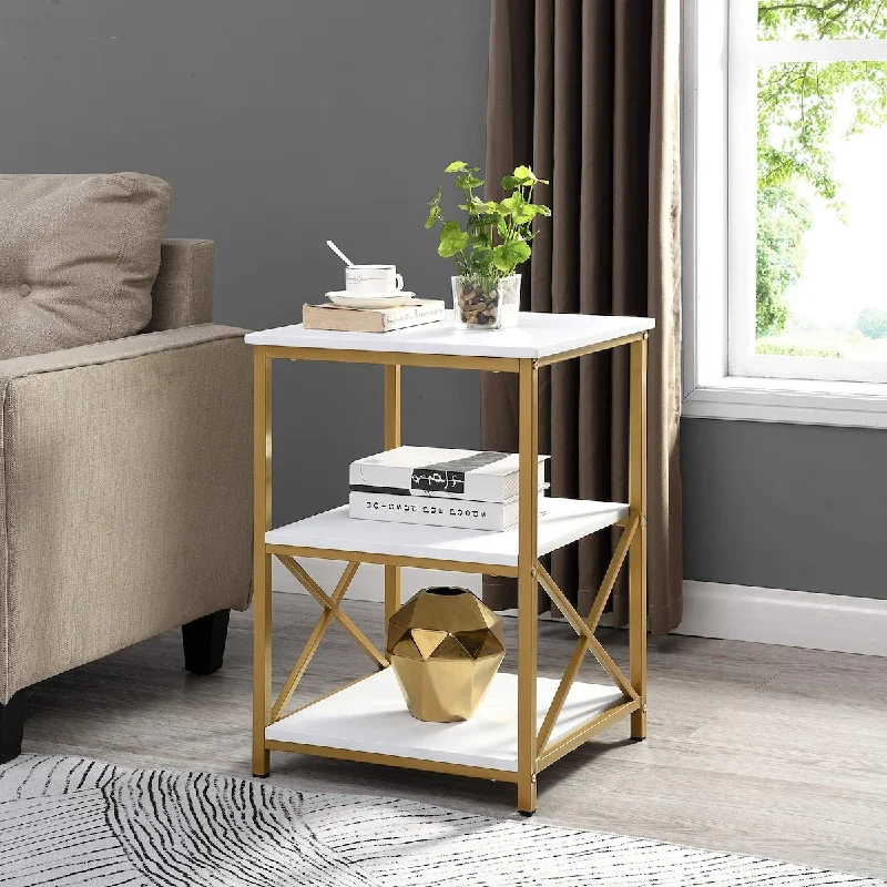 White and Gold Finish Metal Frame X-Design Chair Side End Table Nightstand with 3-Tier Shelf