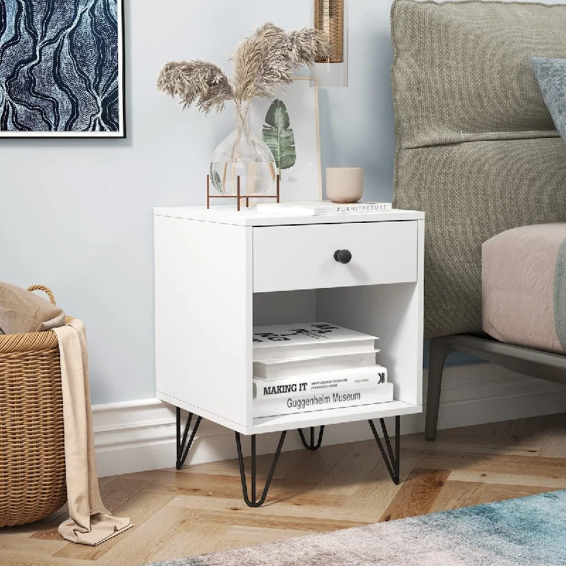 White Finish Nightstand Side End Table with Drawer 22" H - Mid-Century Style