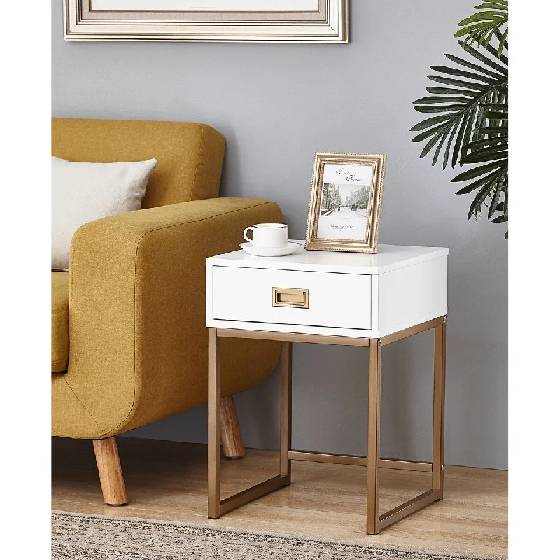 White/Golden Finish Modern Nightstand Side End Table with Drawer